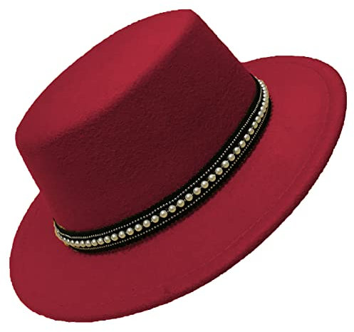 B-HOT Klassischer Fedora-Hut mit breiter Krempe für Damen und Herren, Filz, Panama, flache Oberseite, Jazzmütze mit abnehmbarem Band, rot, Einheitsgröße