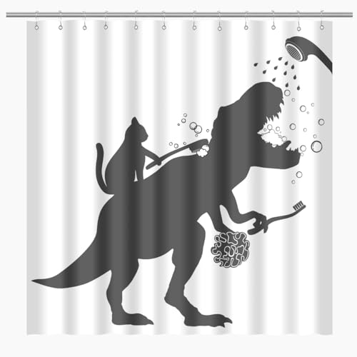 BIYSUC Katze Dinosaurier Duschvorhang Lustige Katze Hilfe Dino Baden für Kinder Jungen Trex Silhouette Schatten Schwarz Weiß Badezimmer Wasserdicht Polyester Stoff 152 B x 183 L Zoll mit Haken