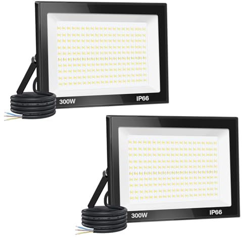 Jefedana 300W LED Außenstrahler, 30000LM 3000K IP66, 2 Stück | 30000LM superhell, 3000K Warmweiß, IP66 wasserdicht, Alu-Gehäuse, 50000h, 80% sparend, für Stadion/Garten/Garage
