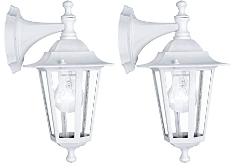 2 Pack - Matt White & Clear Glass Panel Outdoor Vintage Down Lantern Wall Light | IP44 Exterior Rated | 35cm Height | 1 x ES E27 Lamp Required | Aluminium | Garden - Patio - Driveway | UK Approved