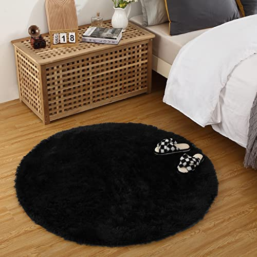 CAROMIO Runder Hochflor-Teppich für Schlafzimmer Wohnzimmer Kinderzimmer Zuhause Dekorativer Rutschfester Flauschiger Pelzteppich Bequemer Kinderzimmer Akzent Bodenteppich, Schwarz 120 x 120 cm