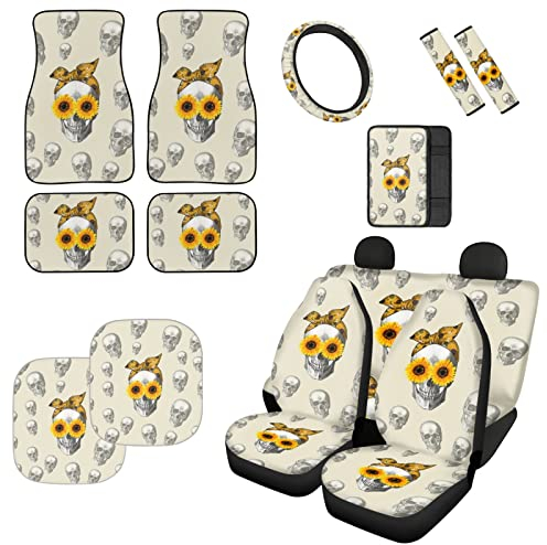Kuiaobaty Lustiger Autositzbezug mit Totenkopf-Sonnenblumen-Motiv, Auto-Innenzubehör mit Lenkradbezug, Armlehnenschutz, Sicherheitsgurtpolster