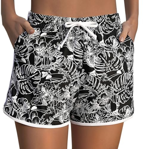 Marvmys Shorts de Bain Femme Eté Sport Short de Plage avec Cordon Réglable Multiusage Femme Shorts de Bain pour Yoga Jogging Natation Plage Piscine Noir L