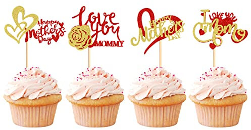 Keaziu 24 Pack Happy Mother's Day Cupcake Toppers I Love You Mom Cupcake Picks Cake Decoration Party Supplies for Mother's Day Party Cupake Decorations Red