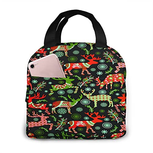 LOUJIN Lunchtasche Lebensmittelbehälter Isolierte Lunchtasche Tragetasche Bunt Happy Deer Muster Picknicktasche Lunchbox Handtasche für Schule, Arbeit, Büro