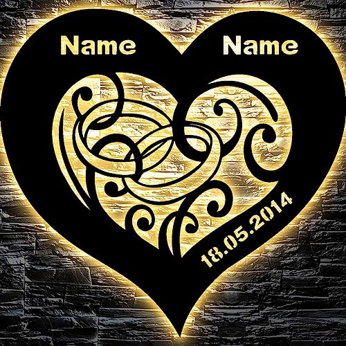 Eheringe in Herz LED Schlummerlicht personalisiert mit Wunschnamen und Datum Deko Nachtlicht Hochzeitsgeschenk Brautpaar - Individuelles Geschenk zur Hochzeit oder zum Jahrestag - in 7 Farben