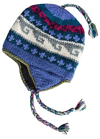 Handgestrickte Sherpa-Mütze mit Micro-Fleece-Futter und eklektischen Mustern, handgefertigte Winter-Toque, Weihnachtsmütze, hergestellt in Nepal, Lila, Grau, Grün und Rosa, L/Einheitsgröße