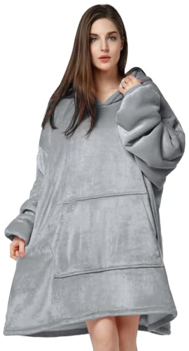 Hoodie Decke Damen, Plüsch Pullover Decke mit Ärmel, Warm Oversize Hoodie Damen, Blanket Hoodie Für Wärme im Innen- und Außenbereich(Grau)