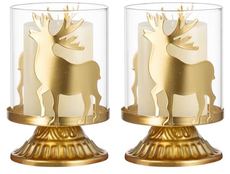 Sziqiqi Hirsch Kerzenhalter Kerzenständer Gold, Windlichthalter Moderner Teelichthalter aus Metall für Stumpenkerzen, Hurricane Kerzenleuchter Dekoration für Weihnachten Tischdeko Mantel Kamin