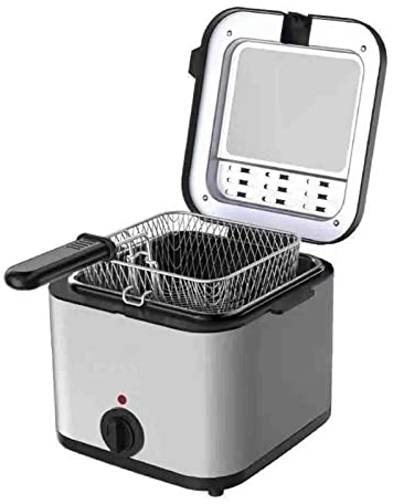 Oil fryer with cold zone technology, 2.5 liter stainless steel, removable internal mesh basket, temperature control, with safety handle and display window, ideal for fried chicken, chips