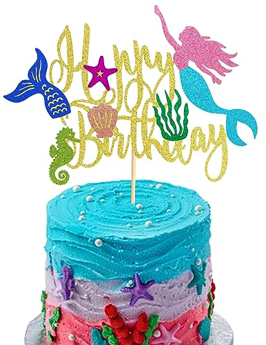 Arthsdite 1 Stück Meerjungfrau Happy Birthday Kuchen Topper Meerjungfrau Kuchen Pick Seestern Seetang Muscheln Korallen Meerjungfrau Schwanz Kuchen Dekoration für Unter dem Meer Babyparty Geburtstag