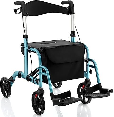 RELAX4LIFE Rollator Faltbar Leichtgewicht, 2 in 1 Rollstuhl Reiserollator, Gehwagen 6-fach Höhenverstellbar, Laufhilfe mit 2 Bremsen Stockhalter Tasche, Aluminiumlegierung bis 136 kg (Blau)