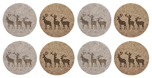 MC-Trend Filz Untersetzer „Waldlandschaft mit Hirschen“ 10 cm aus 5 mm starkem Filz praktische Filzuntersetzer für Getränke Gläser Tassen Hirsch Tischdeko (8 Stück braun&Creme + rund/nur Hirsche)