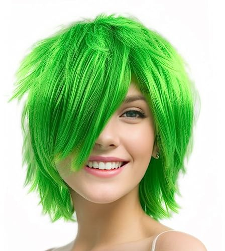 Luxiremi Cosplay Anime Perücke Kurzhaar Neon Grün für Herren Damen Halloween Kostüm und Karneval Perücken