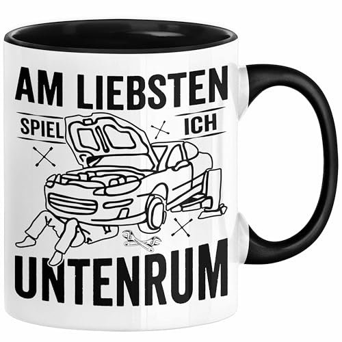 Trendation - KFZ Mechaniker Tasse Geschenk Spruch Männer KFZ Mechatroniker Geschenkidee Becher Werkstatt Am Liebsten Spiel Ich Untenrum (Schwarz)