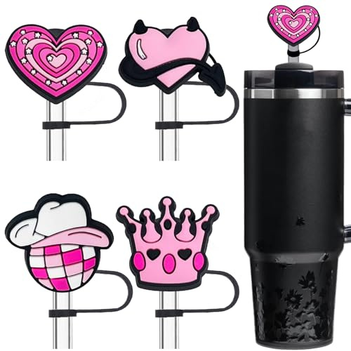 Amreich Black Pink Singer Theme Straw Covers - 4PCs Glam Straw Toppers with Hearts, Disco Ball & Crown for 10mm/0.4in Straws Hot Pink Stanley Cup Accessories