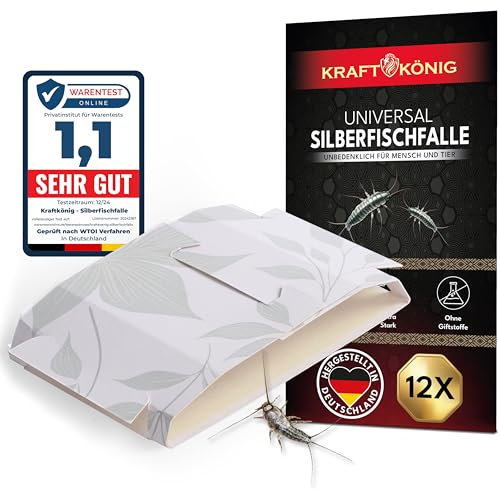 KRAFTKÖNIG Premium Silberfischfalle - 12x Silberfische bekämpfen - Papierfische bekämpfen - Klebefalle gegen Silberfische - Alternative zu Silberfisch Köderdose und Silberfisch Spray