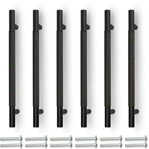 Bwintech 6 Pack Black 245MM Knurled Cupboard Handles, 192MM Hole Centers Furniture Drawer Pulls Cupboard Knobs Cabinet Handles