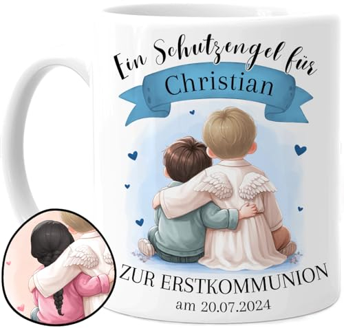 Tassenliebling® Kommunion Tasse personalisiert Datum und Namen für Mädchen und Jungen - Ein Schutzengel für - Beidseitiger Druck - Christliche Geschenke zur Erstkommunion