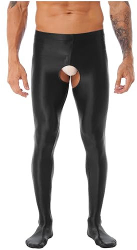 Fldy Herren Strumpfhosen Mit Offenem Schritt Öl-Glänzend Leggings Nylon Hose Tights Pantyhose Crotchless Dessous A_Schwarz M