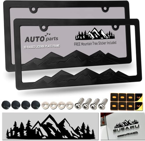 ZXFOOG Mountain License Plate Frames- Plastic Black Car Tag Holder Bracket with Screws Caps, Blackout 2 Packs 2 Hole, Mountain Vinyl Sticker Included