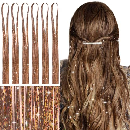 WENNALIFE Hair Tinsel, Goldbraun 120CM Haar Lametta 1200 Glitzer Haarsträhnen Kit Glitzersträhnen für Haare Festival Party Haar Glitzer Tinsel Hair Fairy Hair für Mädchen