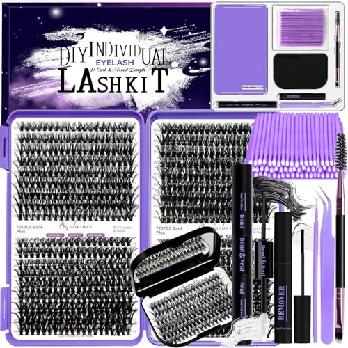 DNSGOOR DIY Extension Kit 840Pcs D-Curl Lash Clusters, Mirror Storage Box, Bond & Seal Glue Remover, Tweezers, Brush Applicator