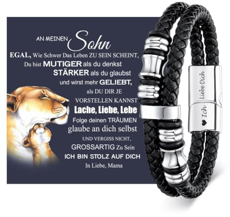 Armband Herren Lederarmband Sohn Geschenk-Schwarz Herrenarmband mit Gravur | Leder Armbänder an Meinen Sohn für 18 Geburtstag Junge Teenager Engraved Mutmacher 16 19 21 Jährige Männer von Mama Papa