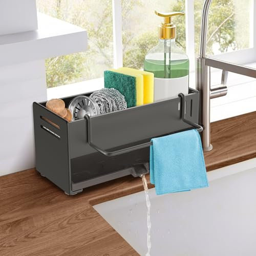Euqvunn Porte Eponge Evier Cuisine, Organisateur Evier Cuisine, Acier au Carbone Porte éponge, Rangement Eponge Cuisine Porte Éponge Évier avec Plateau D'égouttage Amovible