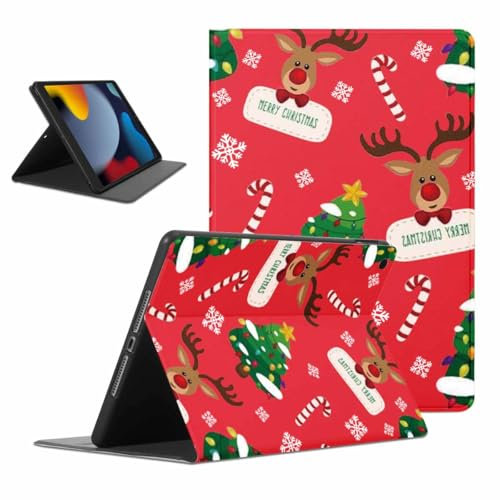 ZhuoFan Coque pour iPad 9./8./7. Generation, Aesthetic Élan de Noël Motif Design Housse de Protection Léger avec Support Fonction Ultra-Mince PU Christmas Étui à Rabat, Rouge
