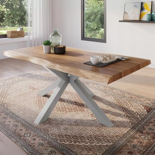 trelevo Esszimmertisch 160x85 cm, Akazienholz massiv, Tischplatte naturfarben, echte Baumkante, Spider Gestell Silber, Baumkantentisch