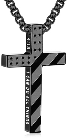 Lydow Cross Necklace for Men Boys Graduation First Communion Confirmation Him Black American Flag Bible Verse Pendant Chain Christian Gifts Jewelry Teen Teenge Kids Religious Baptism Catholic 4:13
