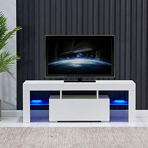 Rainbow Tree 130cm High Gloss TV Stand Cabinet With LED Lights Up to 65in TV, Modern TV Unit with Shelves and Drawers Large Storage TV Cabinet for Living Room Bedroom White