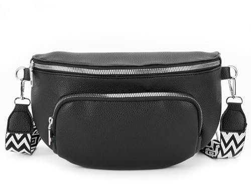 GSenhui Bauchtasche Damen Leder Crossbody Bag Damen Bauchtasche Breiter Gurt mit Reißverschluss,Umhängetasche Schwarz für Reisen Einkaufen