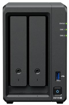 Synology DS725+ 12TB (Synology HAT33) 2 bay Plus series with Ryzen R1600, 4GB Ram (32GB max), 1x 2.5GbE, 1x 1GbE, 2x M.2 NVMe slots.