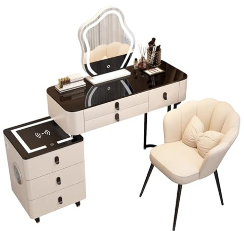 Preferspace Coiffeuse avec Miroir et lumières avec éclairage LED réglable, Trois Modes, Chargement sans Fil, Haut-Parleur Bluetooth et Armoire Amovible