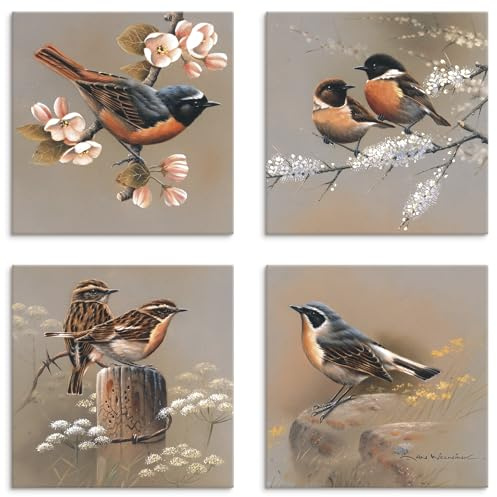 ARTLAND Wanddeko Leinwand Bilder Set 4tlg. je 30x30 cm Vintage Shabby Chic Frühling Blumen Vögel Natur Idyll U5VW
