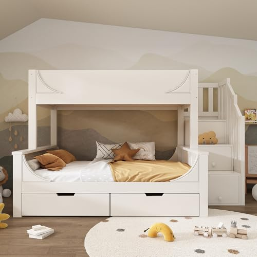 BTM Bunk Beds for Kids, Staircase Bunk with Drawers and Storage, Children's Bed with Storage Unit, Double Bunk Bed for Family with Multiple Children, (90+135) x190 cm, Solid Wood, White