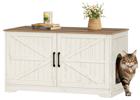 Fobyfurny Cat Litter Box Enclosure, 100 x 50 x 55cm, Brown & White
