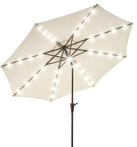 HELIORUSH Sonnenschirm 300 cm mit LED Solar Beleuchtung, 8 Robuste Struts Terrassenschirm Knickbar, 7-Farben RGB Modus Gartenschirm mit Kurbel, UPF 50+ Wasserdicht für Balkon Pool