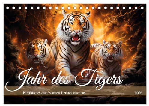 Jahr des Tigers - Porträts des chinesischen Tierkreiszeichens (Tischkalender 2026 DIN A5 quer), CALVENDO Monatskalender: Tierkreiszeichen Tiger in Airbrushtechnik (CALVENDO Tiere)