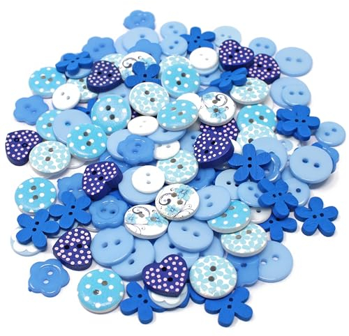 Knöpfe-Mix blau, Holz, Acryl und Harz, für Kartenverzierungen, 150 Stück