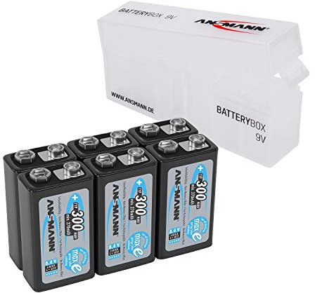 ANSMANN 9V Block Batteries [Pack of 6] With Storage Box | 300mAh NiMH Precharged Rechargeable Battery 9V E-Block with Plastic Holder Case/ Organiser for Speakers, Multimeters, Clock Radios, Toys