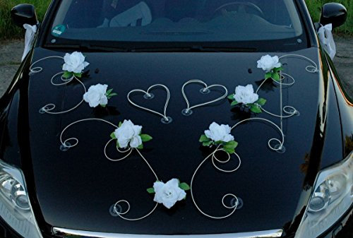 DEKOR Auto Schmuck Braut Paar Rose Deko Dekoration Autoschmuck Hochzeit Car Auto Wedding Deko PKW (Weiß/Weiß)