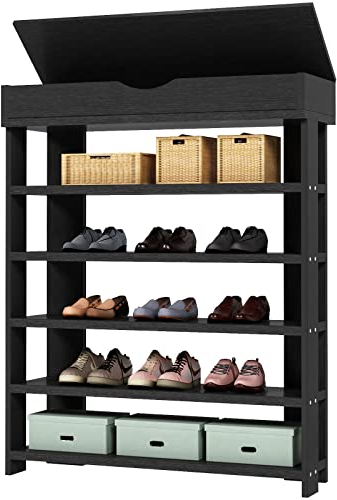 SogesHome Schuhregale 5 Ebenen mit Schubladen Holzschuhe Lagerregal Schuhe Organizer, Schuhaufbewahrung,Schwarz 75x 30 x 94 cm,L24-BK-SH