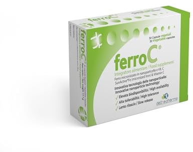 Deltha Pharma FerroC Ferro 30 mg – Pirofosfato Micronizzato a Lento Rilascio con Vitamina C, Alta Biodisponibilità, Integratore per Ridurre Stanchezza e Affaticamento, 30 Capsule