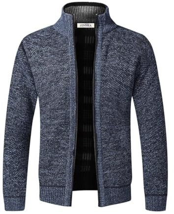 Jinsha Herren Strickjacke, Dicker Pullover, mit durchgehendem Reißverschluss, Stehkragen, warm, Fleece-gefüttert, Wintermantel(Blue Grey XL)