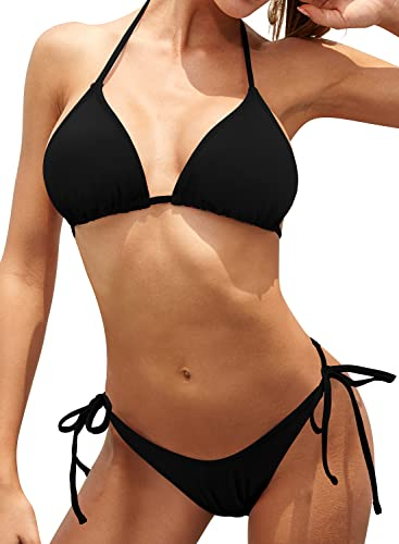 SHEKINI Damen Bikinis Set Klassischer Verstellbarer Triangel Bikinioberteil Sexy Rückenfrei Badeanzug Schnürung Bikinihose Strandbikini für Frauen(Schwarz,S)