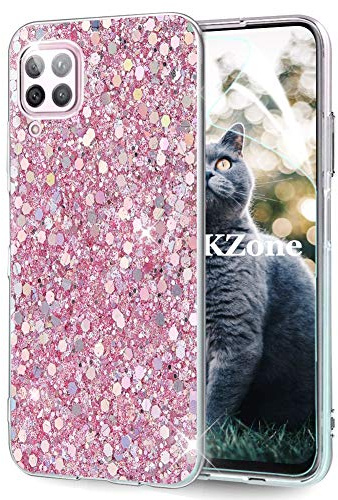 OKZone Kompatible mit Huawei P40 Lite Hülle [mit HD-Schutzfolie], Glitzer Design Weich TPU Bumper Case Silikon Schutzhülle Handy Tasche Rückseite Hülle Etui Cover TPU Bumper Schale (Rosa)