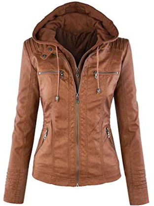 LucaSng Donna Giacche Ecopelle Manica Lunga Motociclista Giubbotto Finta Pelle Vintage Cappotti con Cappuccio Tasca, Donna Giacca Pelle Casual Cappuccio Capispalla (Marrone, XS)
